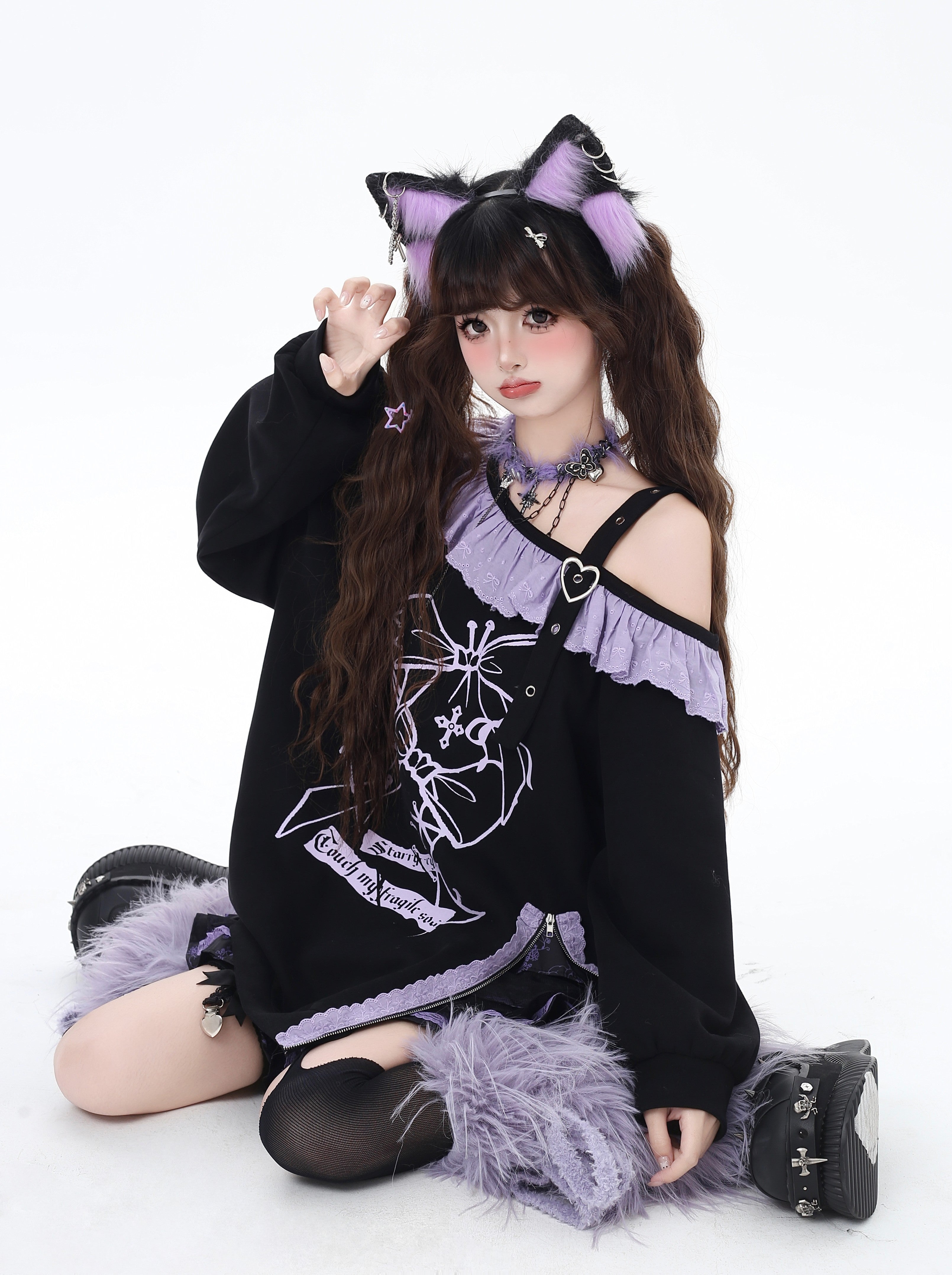 露肩フリルデザイン ゆるシルエットスウェット