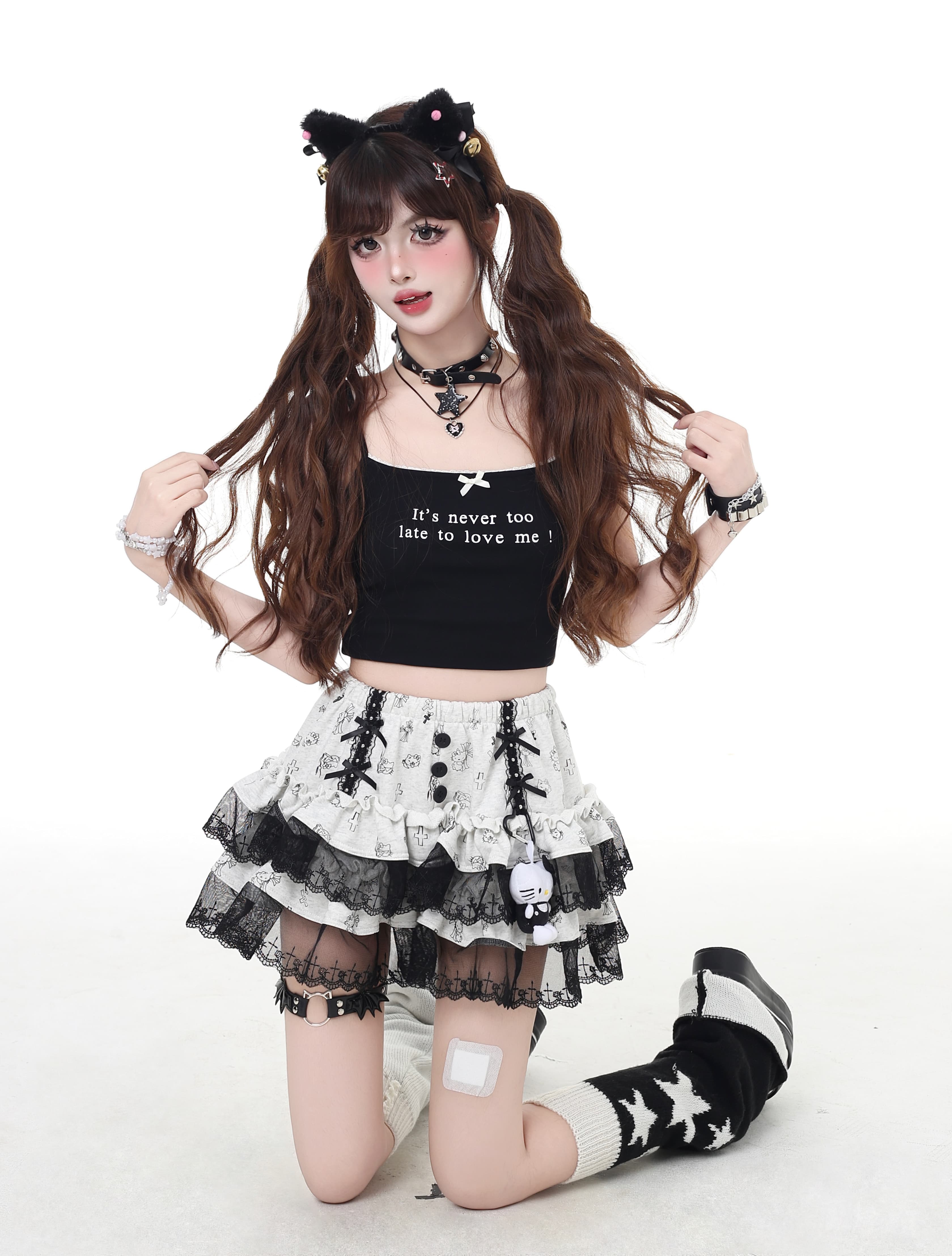 猫柄レース付き ガーリーケーキスカート