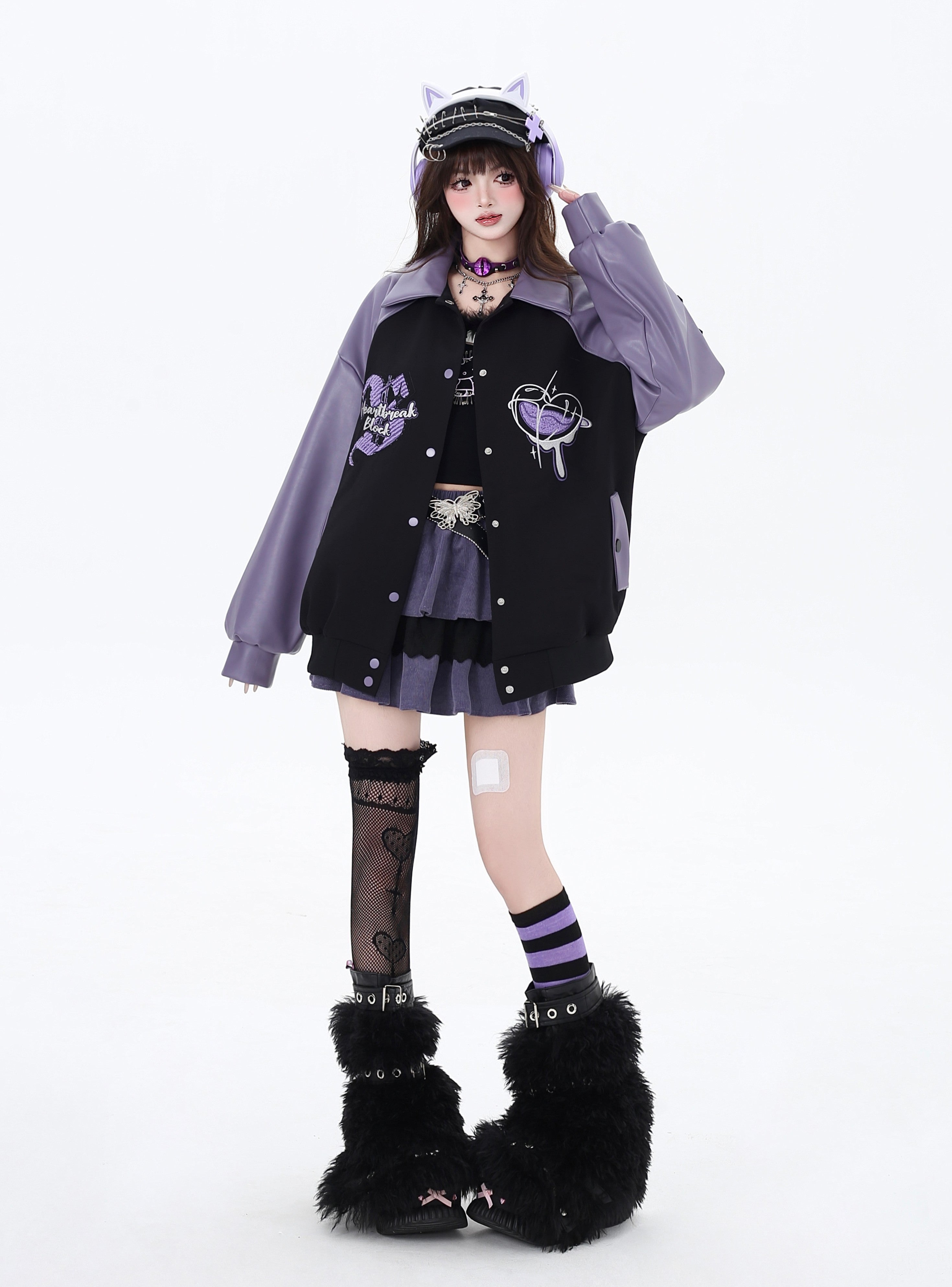 刺繍チェックパッチワークベースボールジャケット