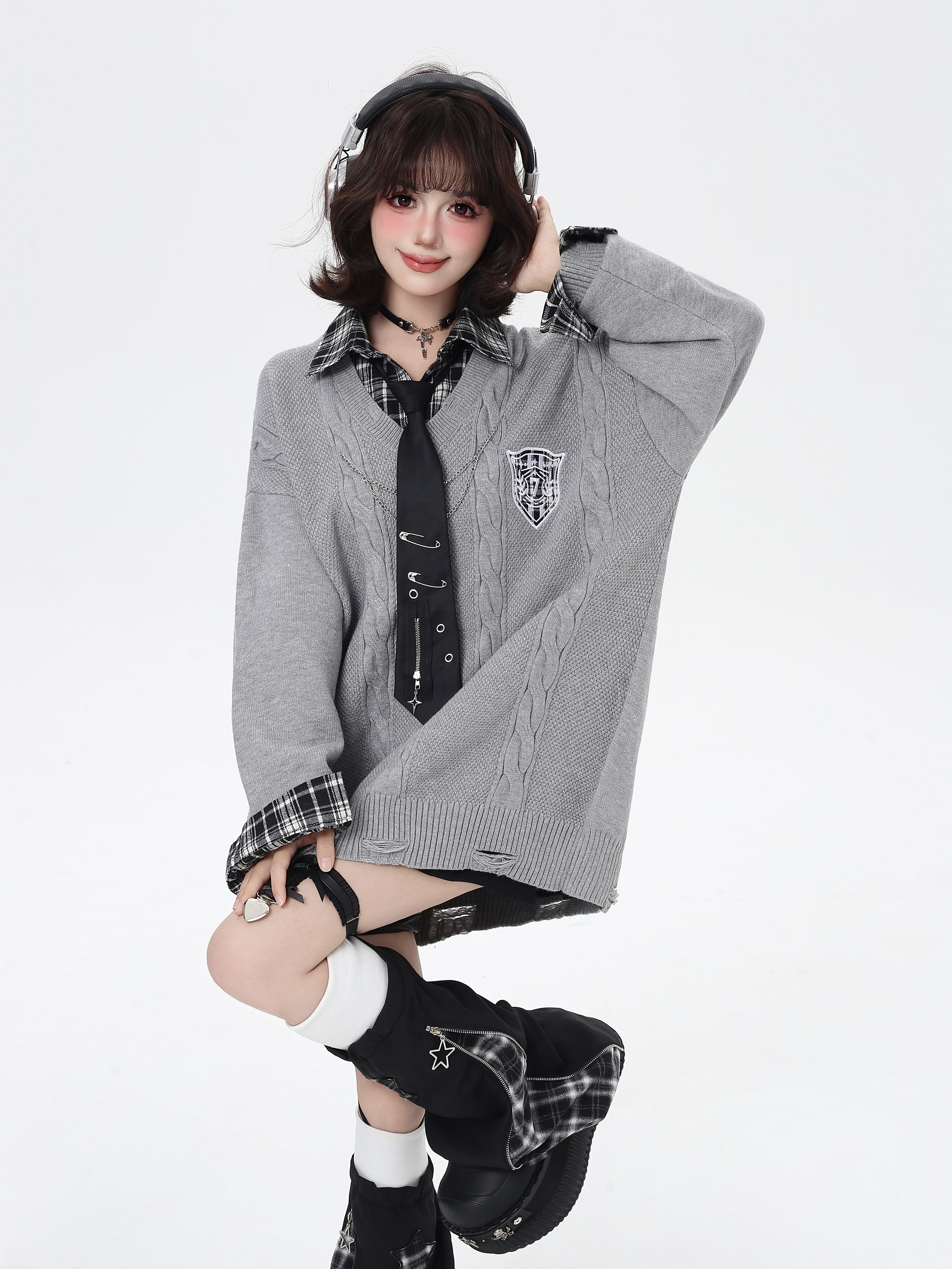 チェックレイヤード風ニット｜レトロガーリーカジュアル