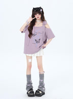 リボン付き両肩カットアウトTシャツ