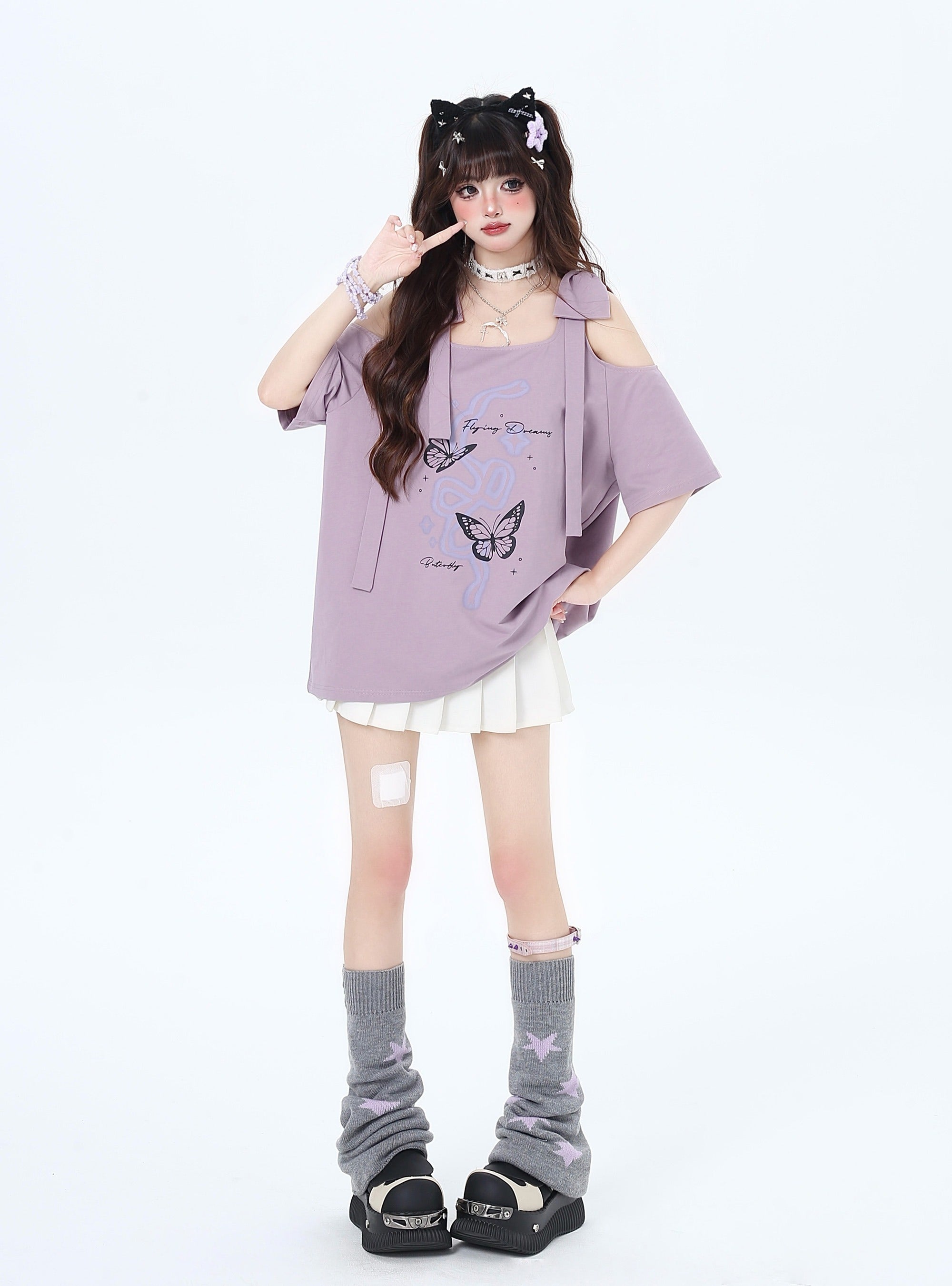 リボン付き両肩カットアウトTシャツ