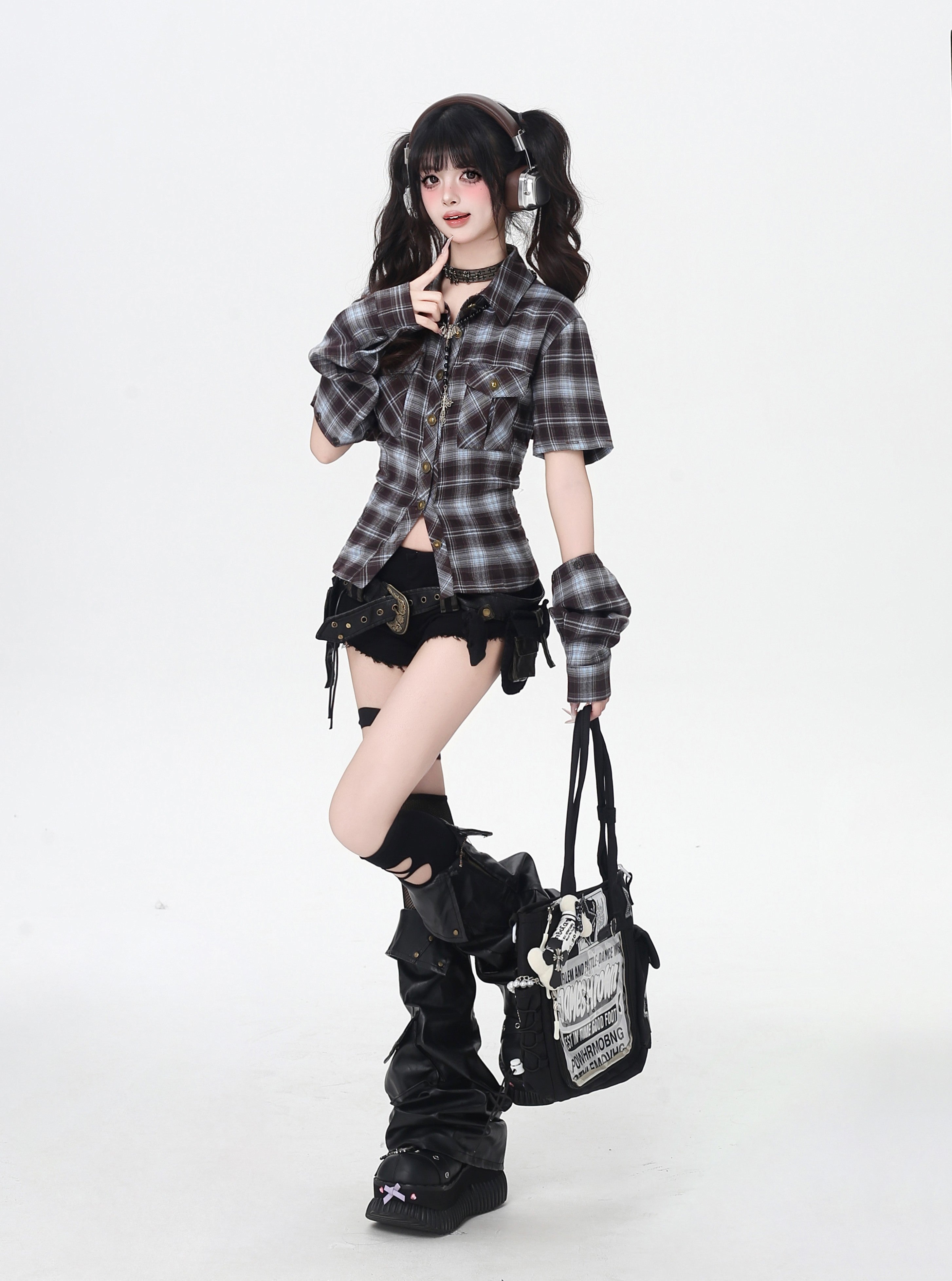 ギャル×チェック バックシャンレースアップシャツ