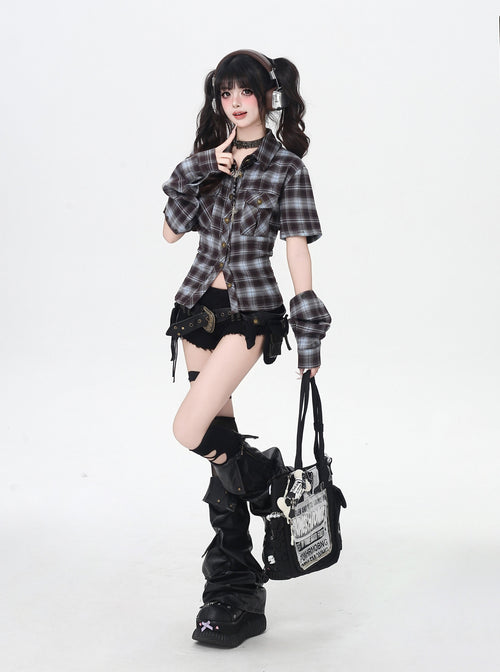 ギャル×チェック バックシャンレースアップシャツ