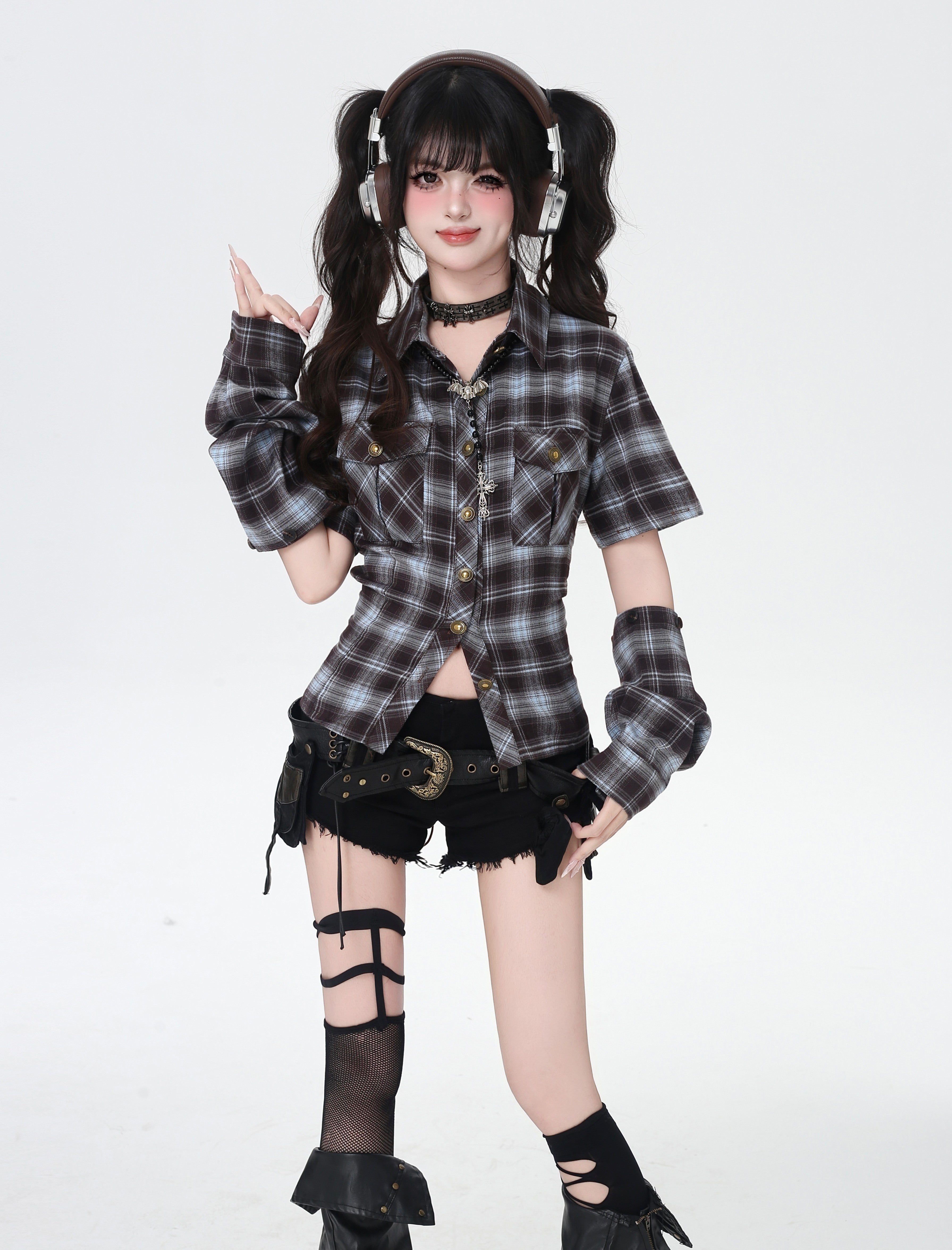 ギャル×チェック バックシャンレースアップシャツ