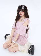 リボン付き両肩カットアウトTシャツ