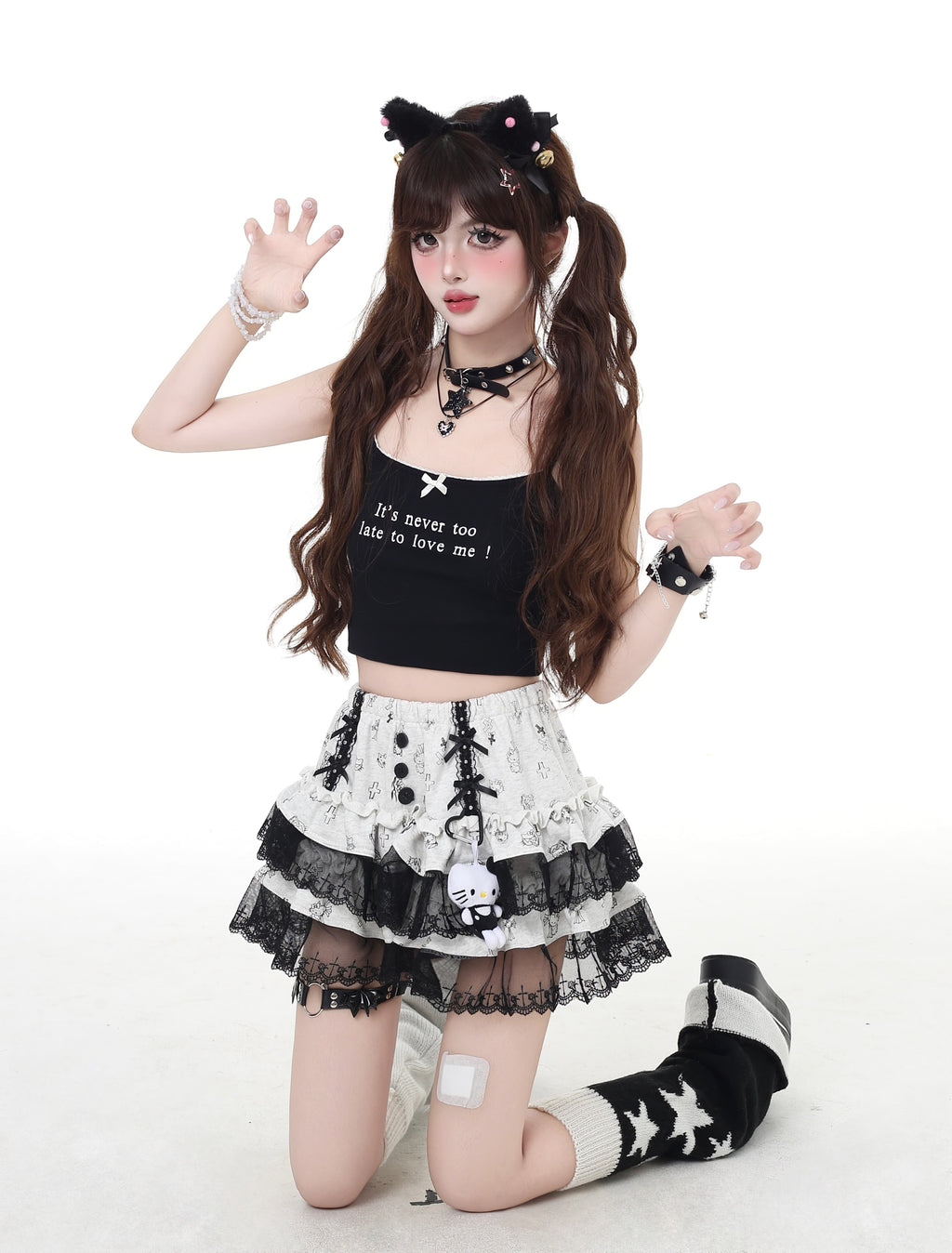 猫柄レース付き ガーリーケーキスカート