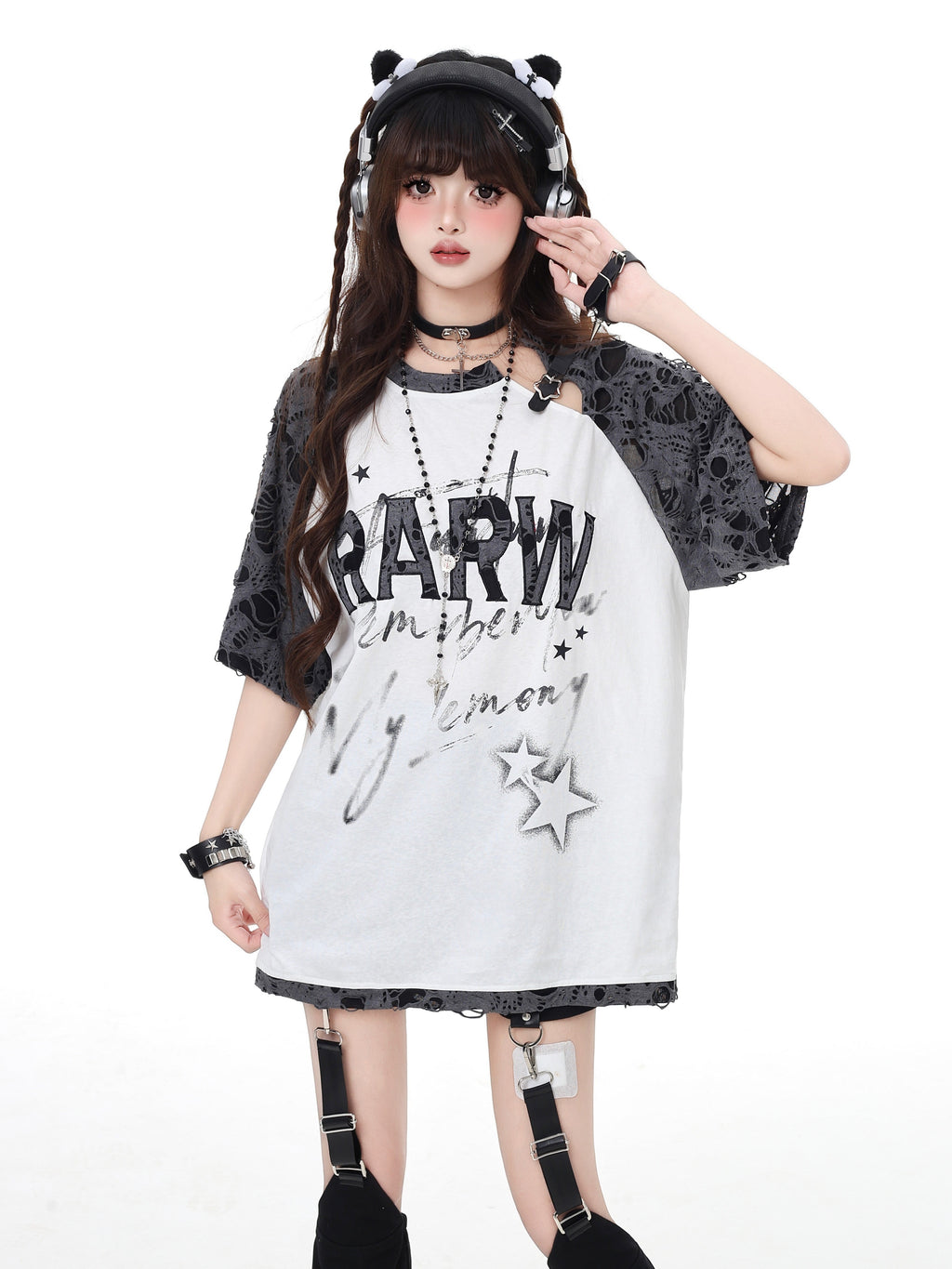 アンダーグラウンド 星柄 ダメージ＆ピースデザイン ゆるシルエットTシャツ