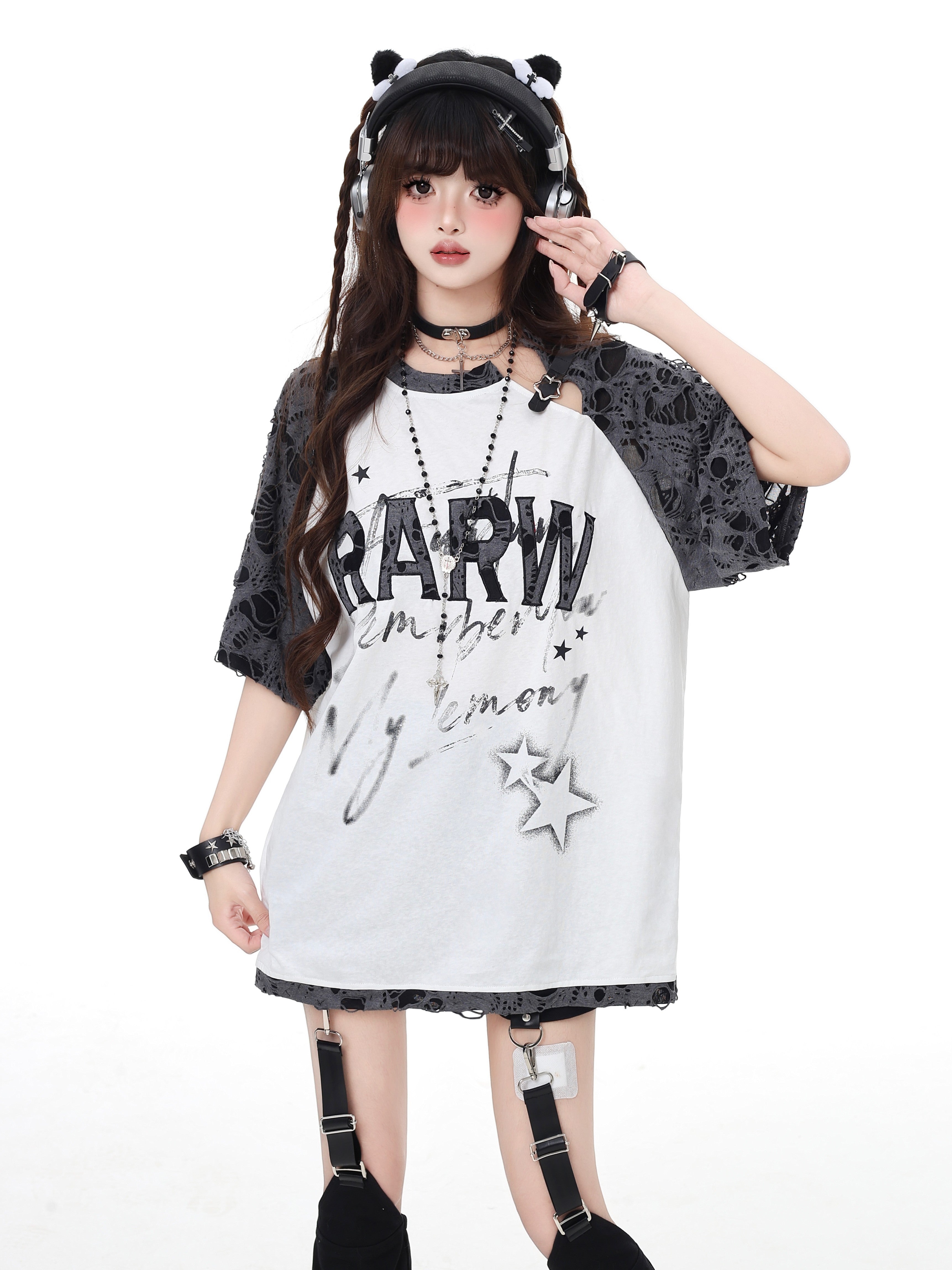 アンダーグラウンド 星柄 ダメージ＆ピースデザイン ゆるシルエットTシャツ