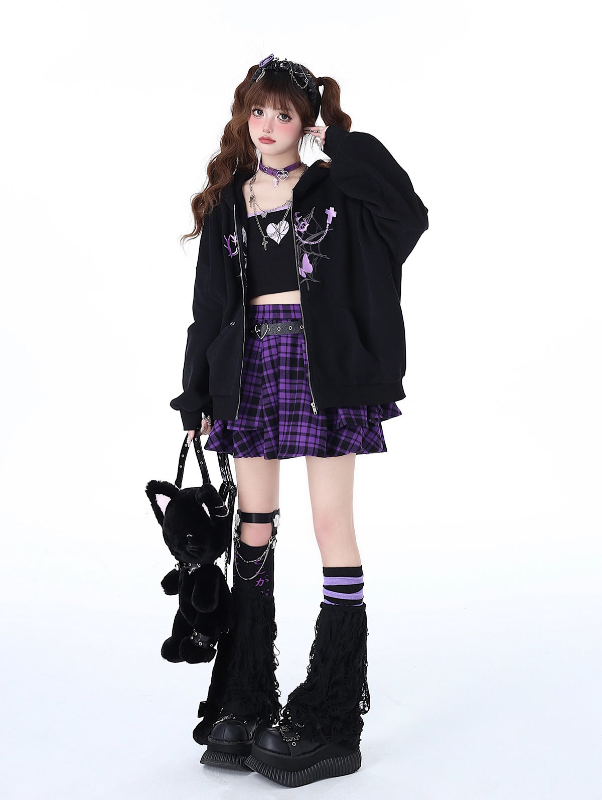 ゆったりフードつきパーカー、スパイダーウェブと蝶のデザイン