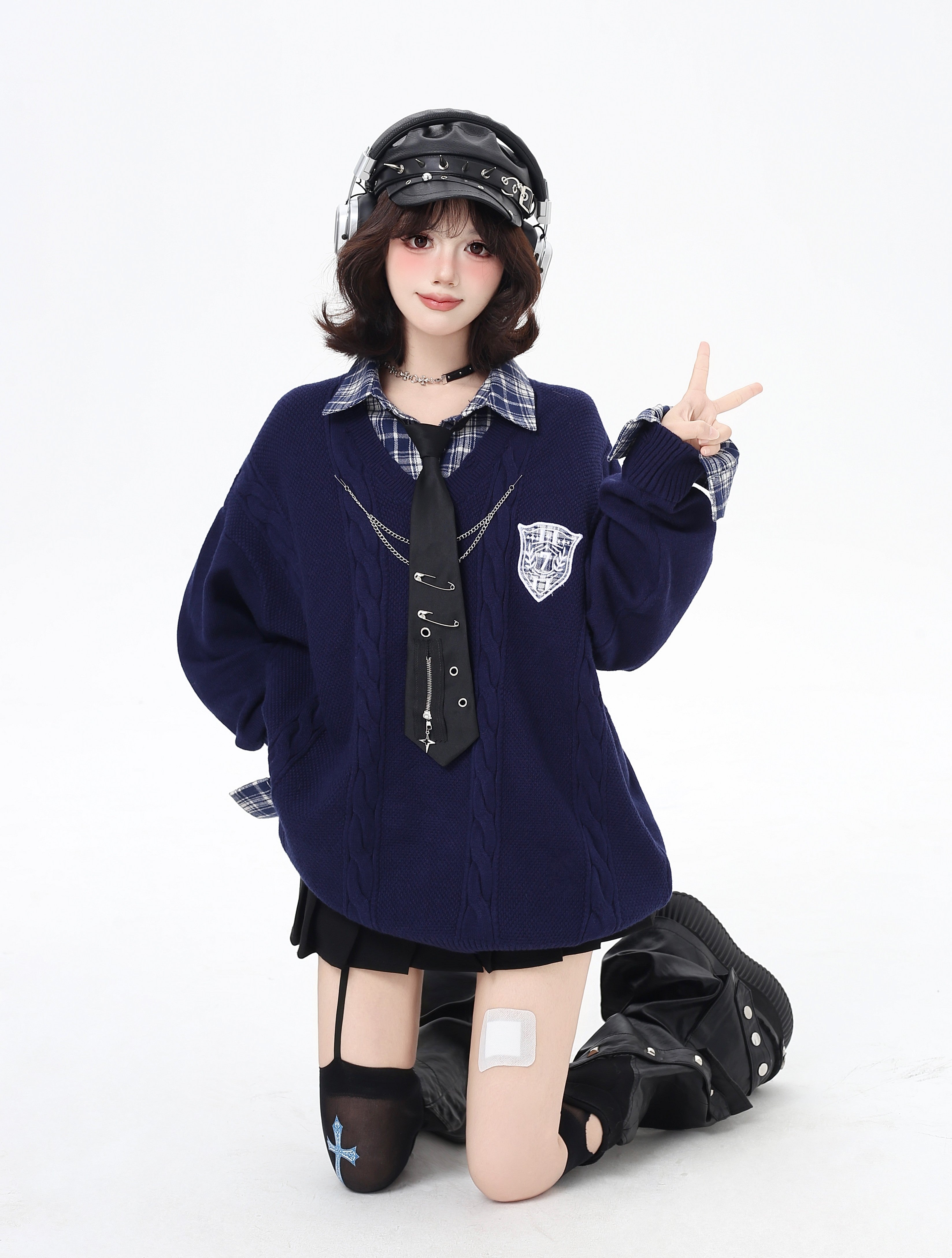 チェックレイヤード風ニット｜レトロガーリーカジュアル