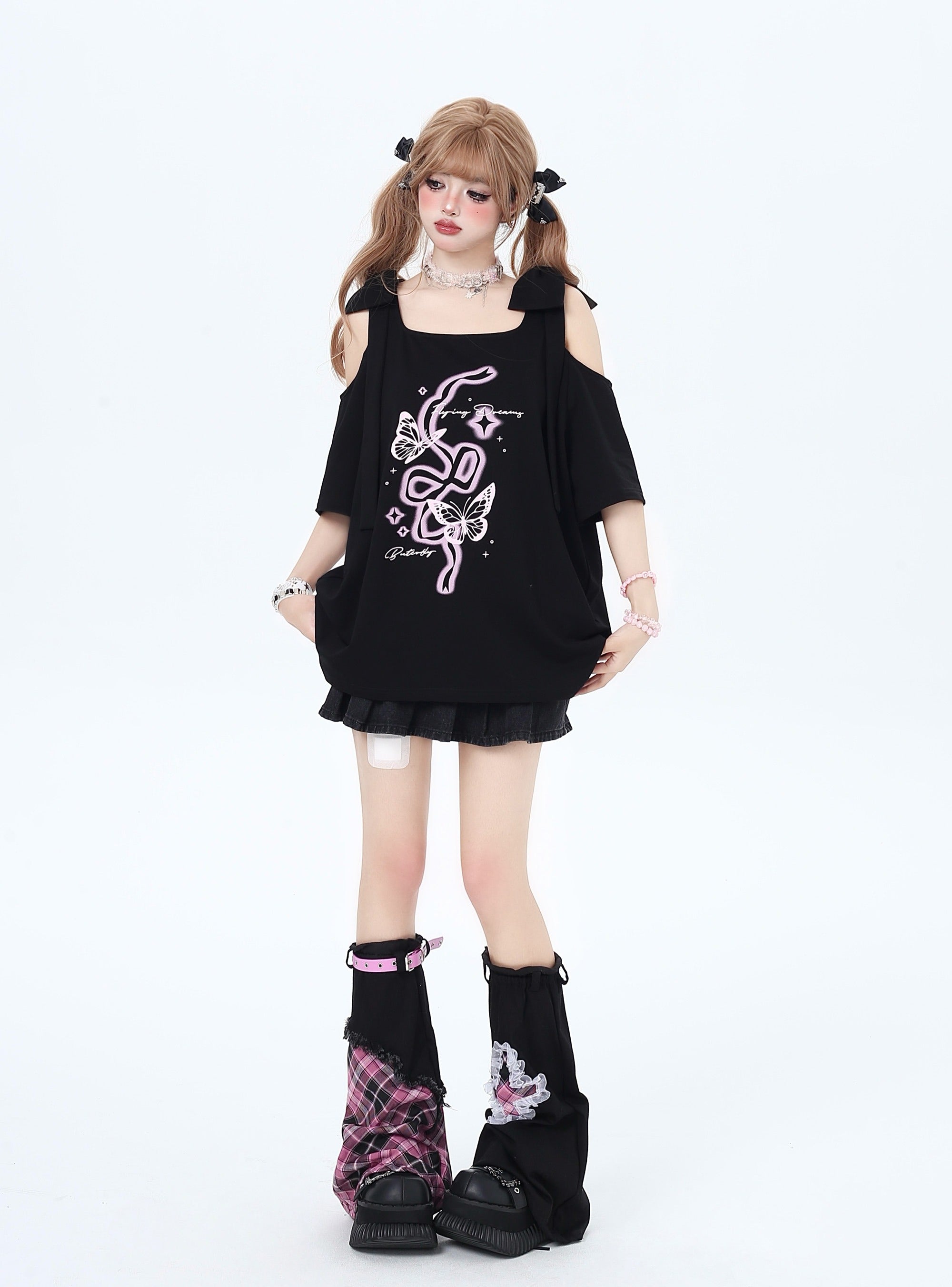 リボン付き両肩カットアウトTシャツ