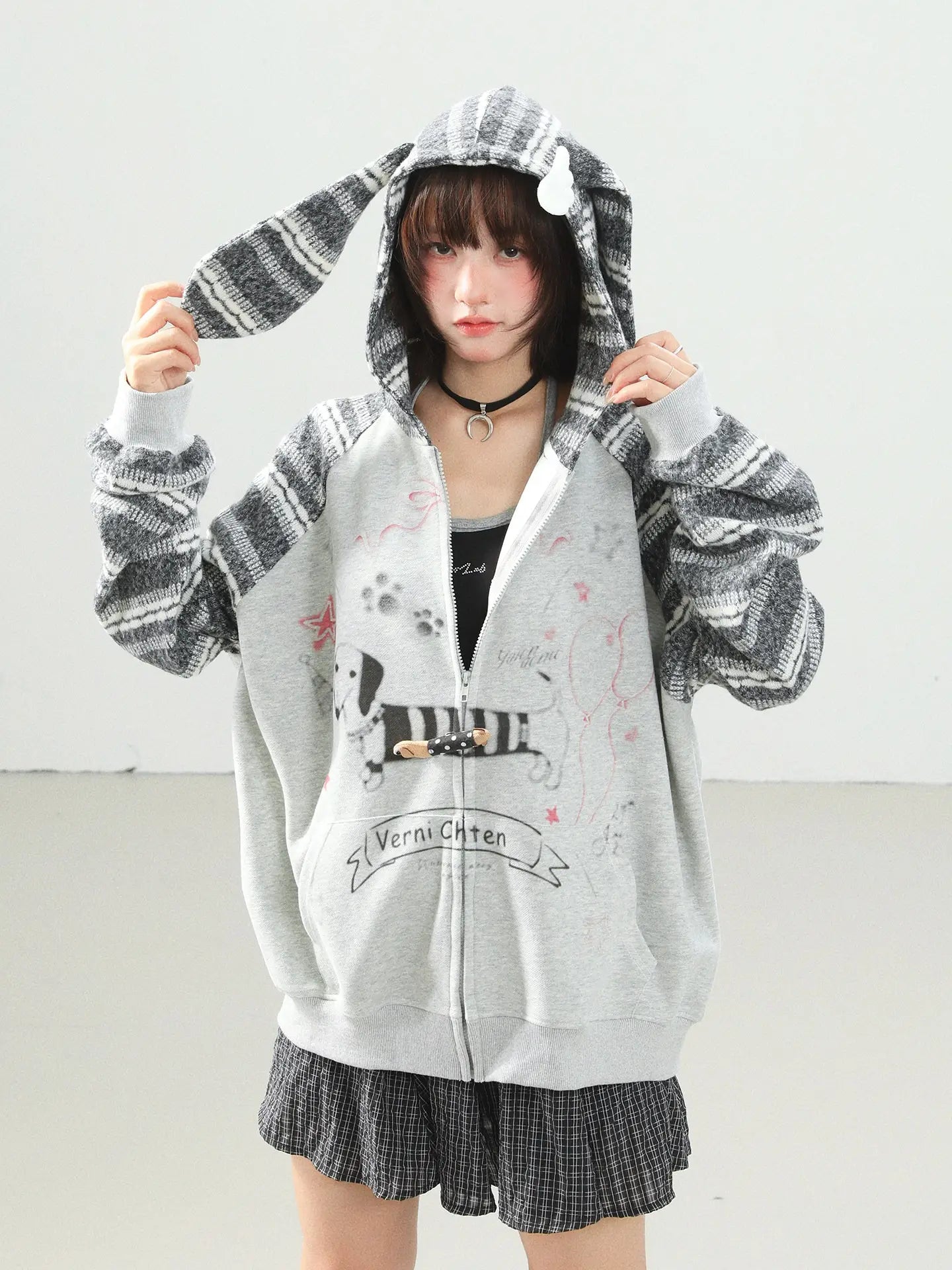 ダックスフンドプリント うさ耳フード カーディガン