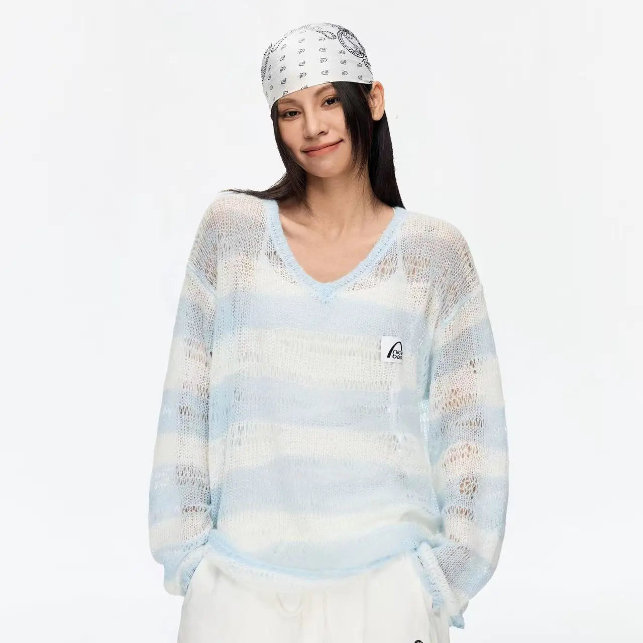 透かし編み ストライプ Vネック カバートップス