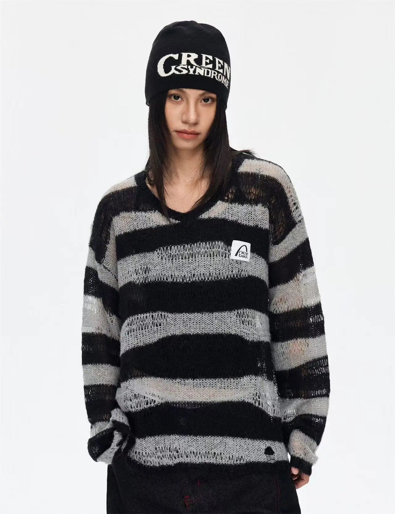 透かし編み ストライプ Vネック カバートップス