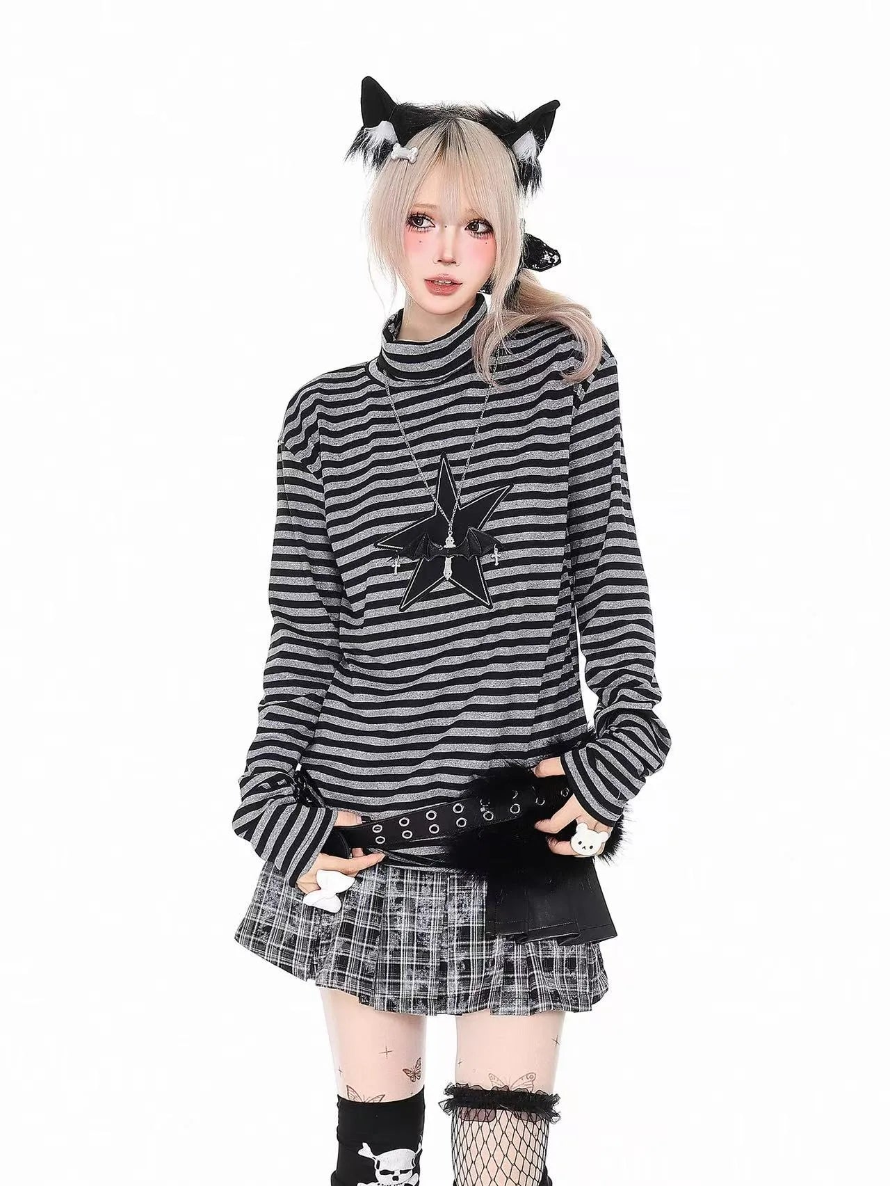 ヴィンテージ風 星柄×ストライプ モックネック ロングT