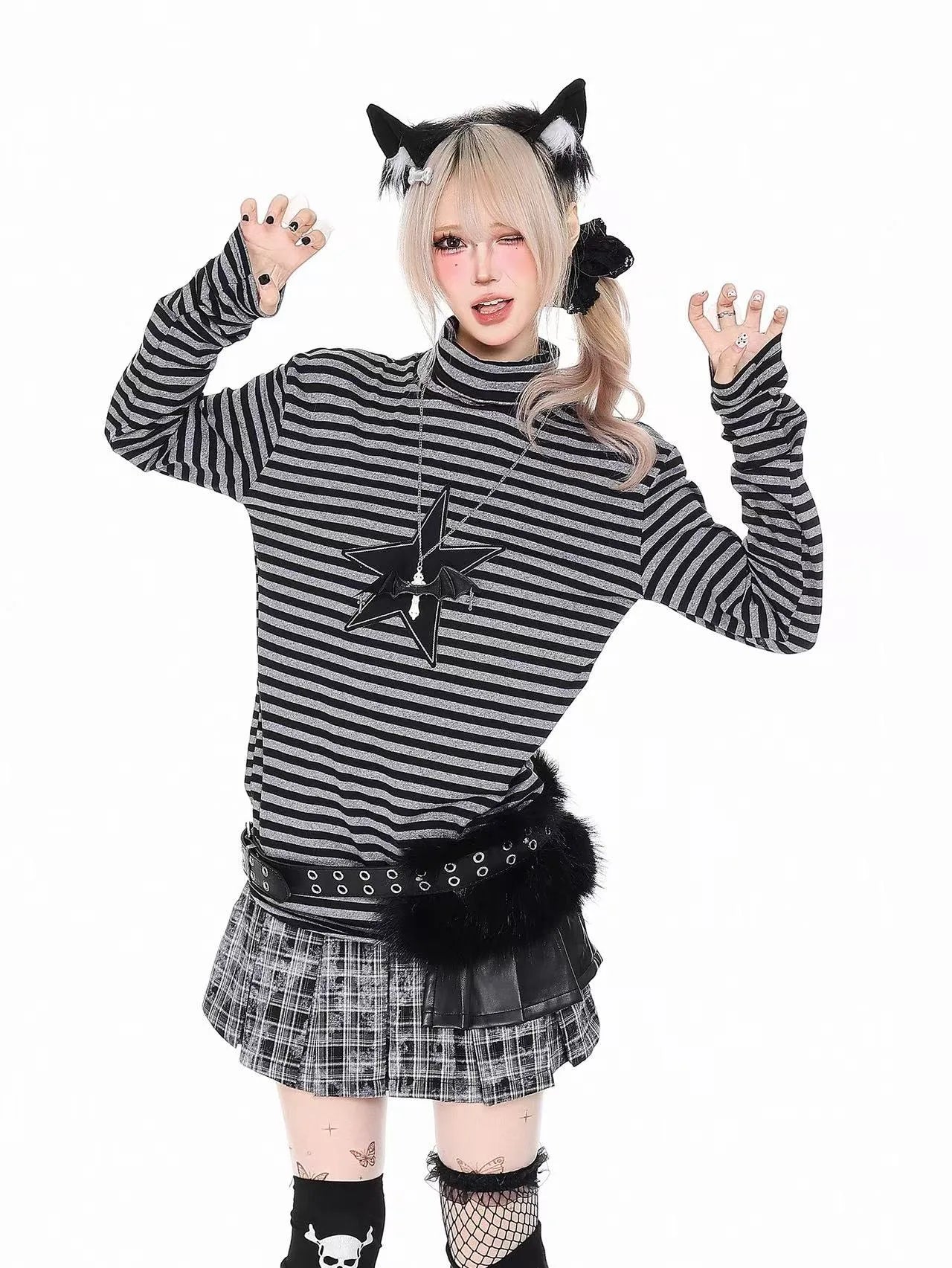 ヴィンテージ風 星柄×ストライプ モックネック ロングT