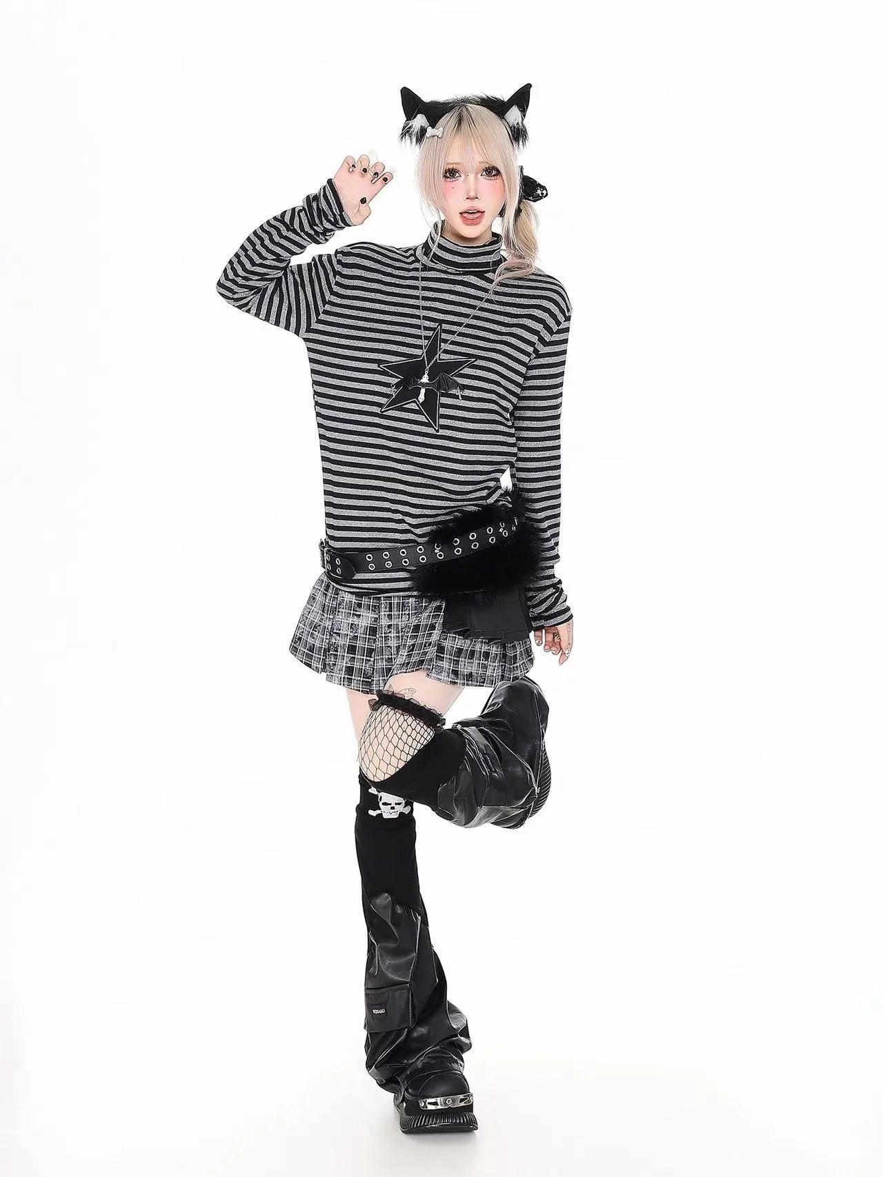 ヴィンテージ風 星柄×ストライプ モックネック ロングT