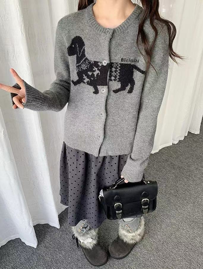 ダックス柄 ジャカードニットカーディガン