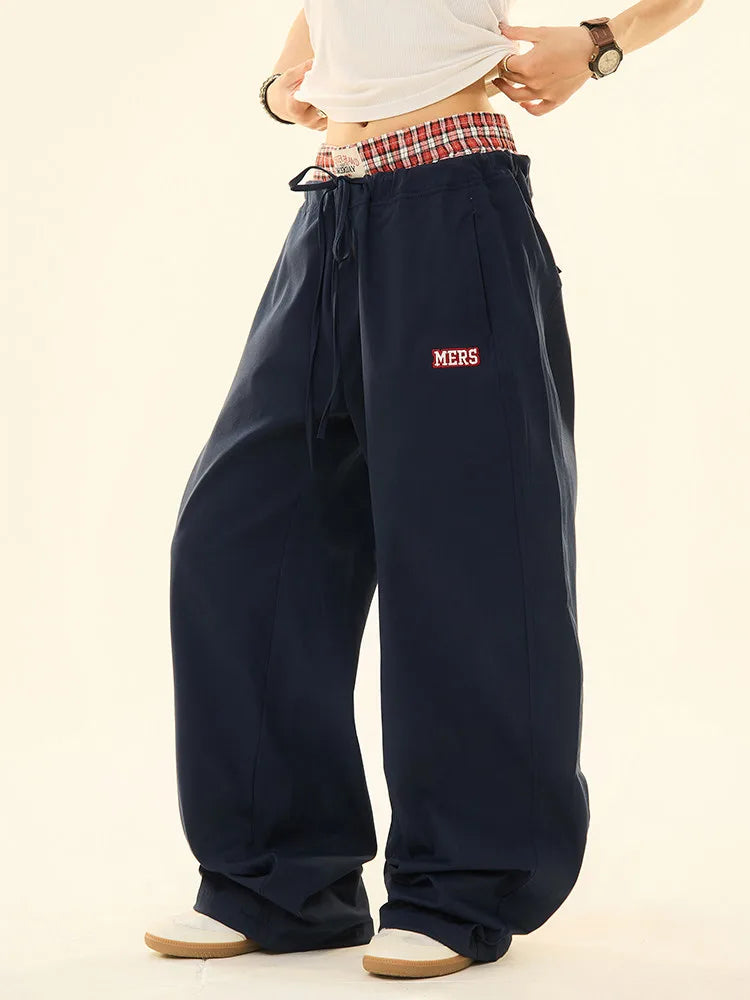 ヴィンテージ風 ダブルウエスト ワイドストレートパンツ