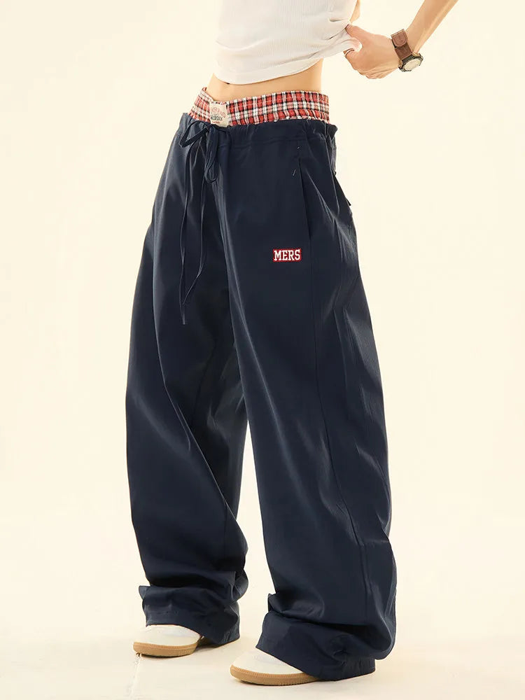 ヴィンテージ風 ダブルウエスト ワイドストレートパンツ