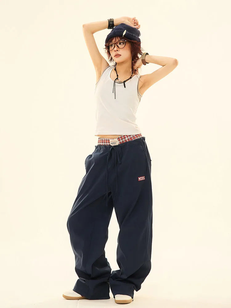 ヴィンテージ風 ダブルウエスト ワイドストレートパンツ