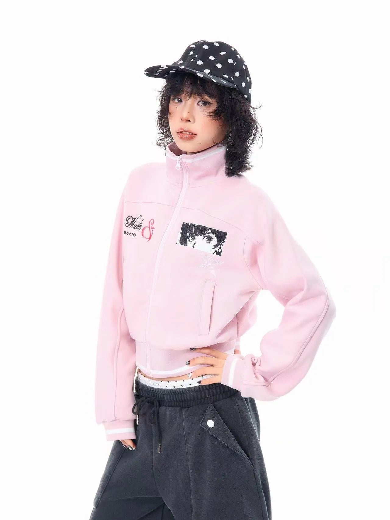 刺繍 スタンドカラー ショート丈 ジップジャケット