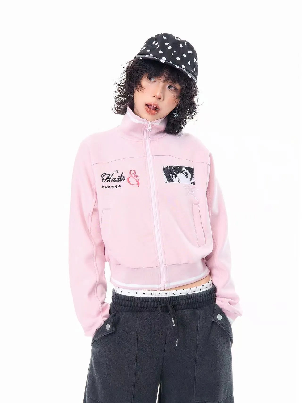 刺繍 スタンドカラー ショート丈 ジップジャケット