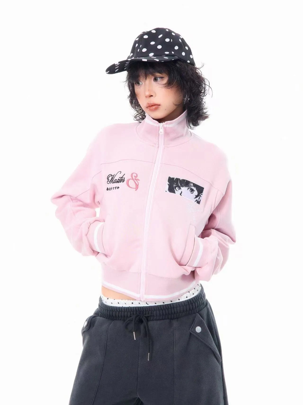 刺繍 スタンドカラー ショート丈 ジップジャケット