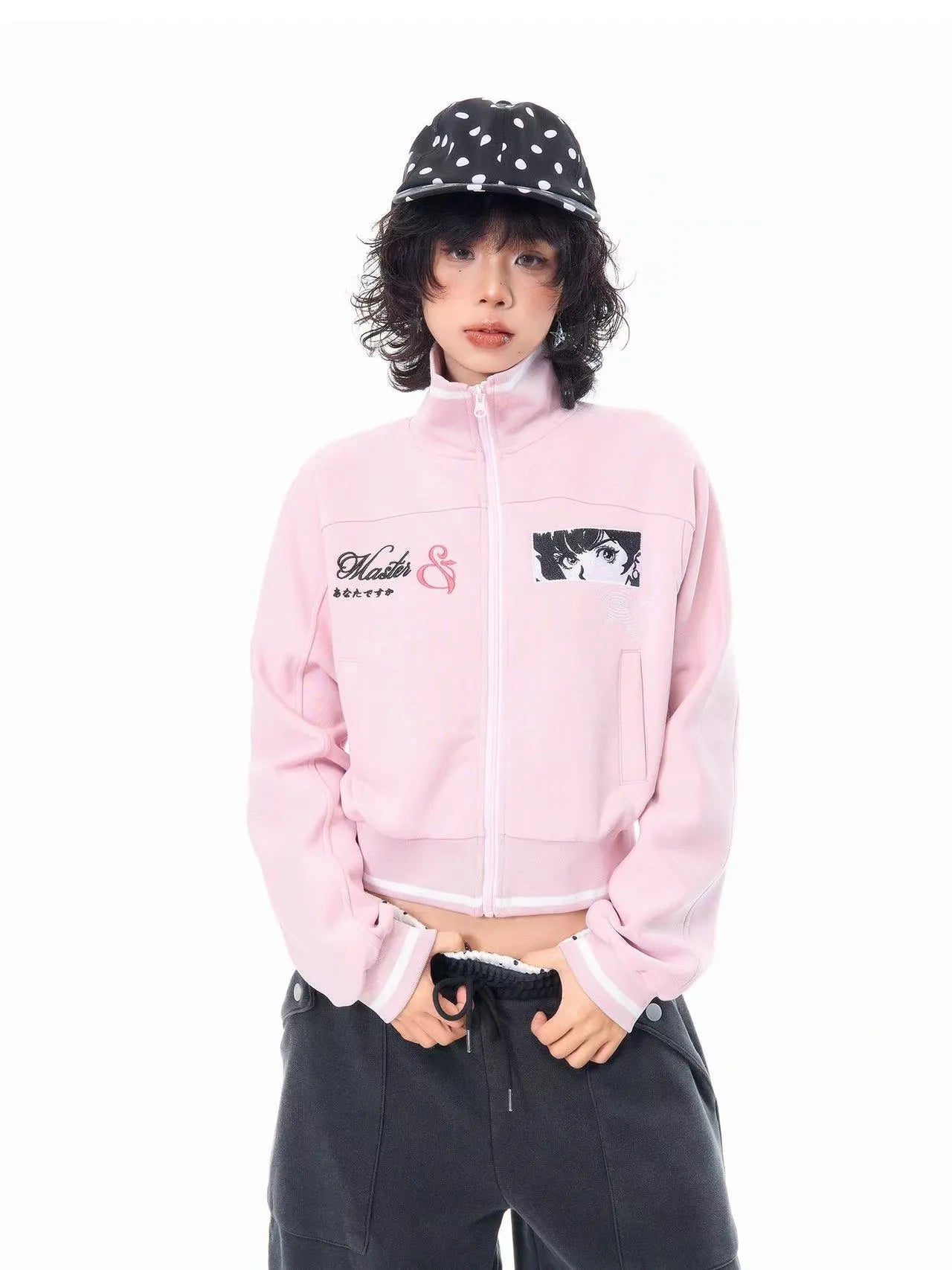 刺繍 スタンドカラー ショート丈 ジップジャケット