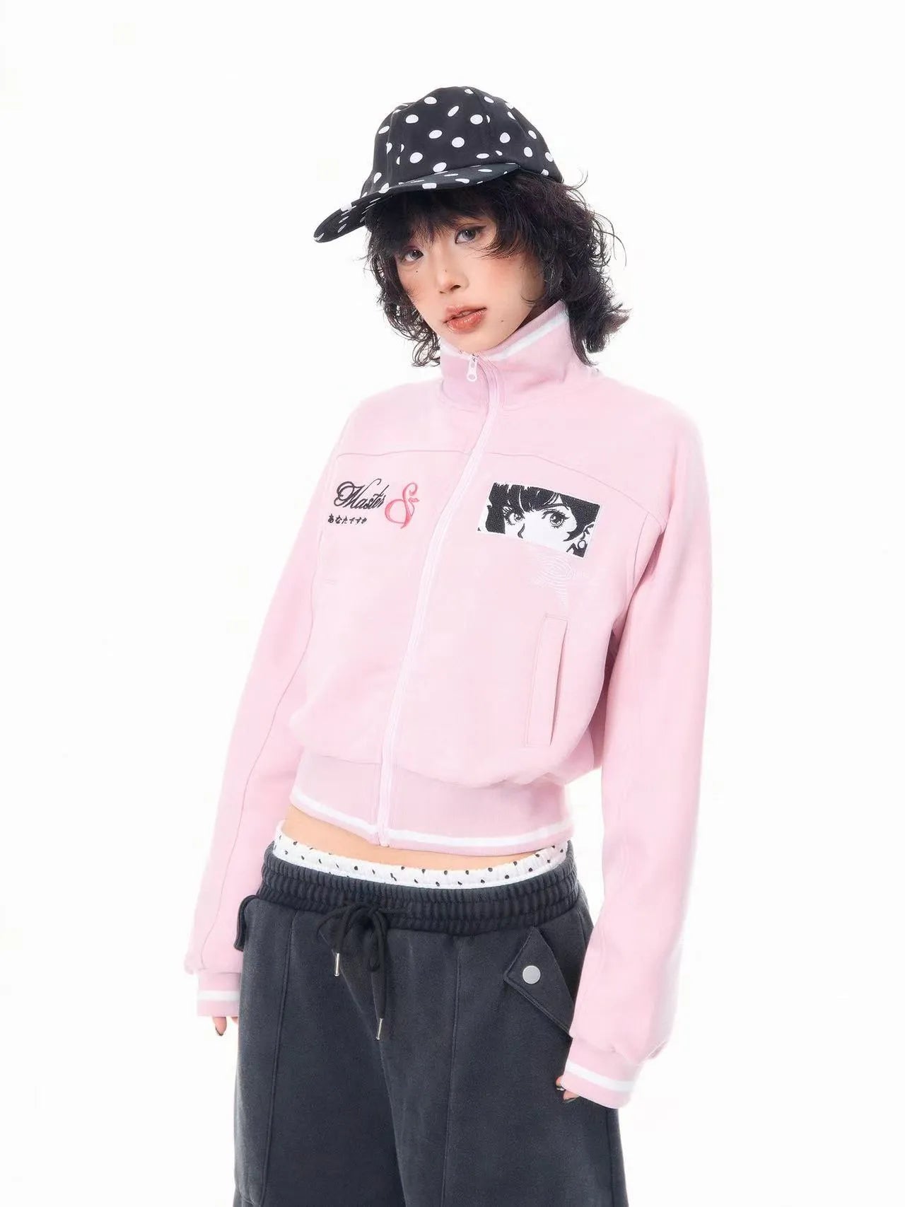 刺繍 スタンドカラー ショート丈 ジップジャケット