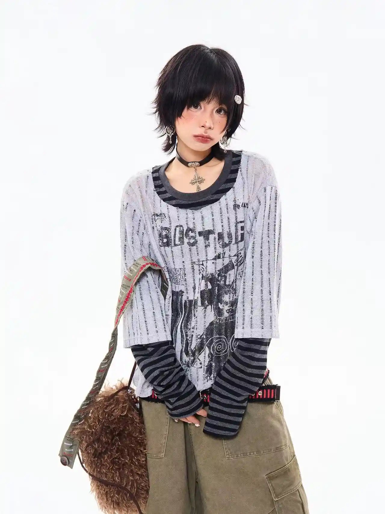 ヴィンテージ風 レイヤード風 オーバーサイズ ロングTシャツ