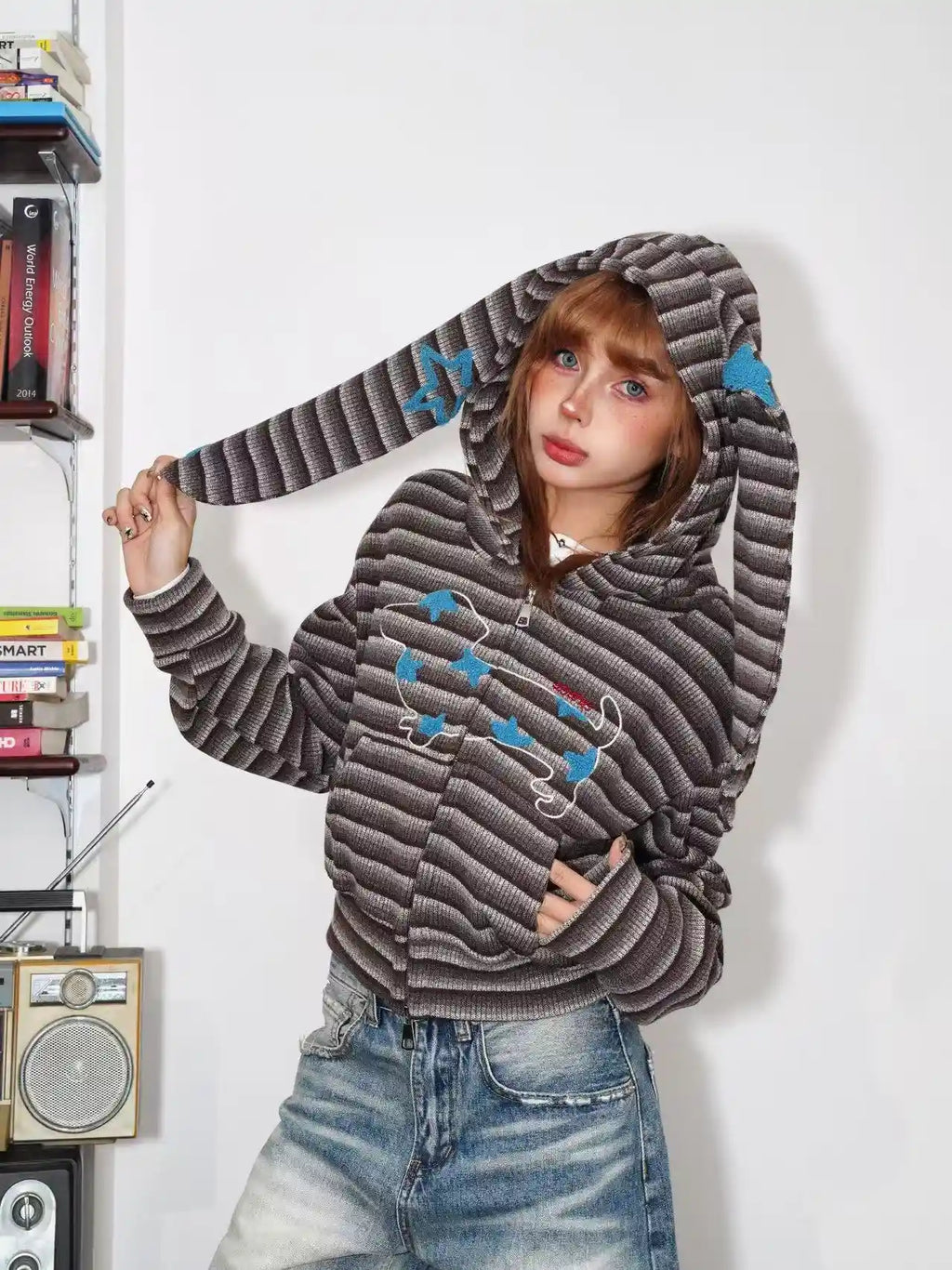 ヴィンテージストライプ うさ耳ショートパーカー