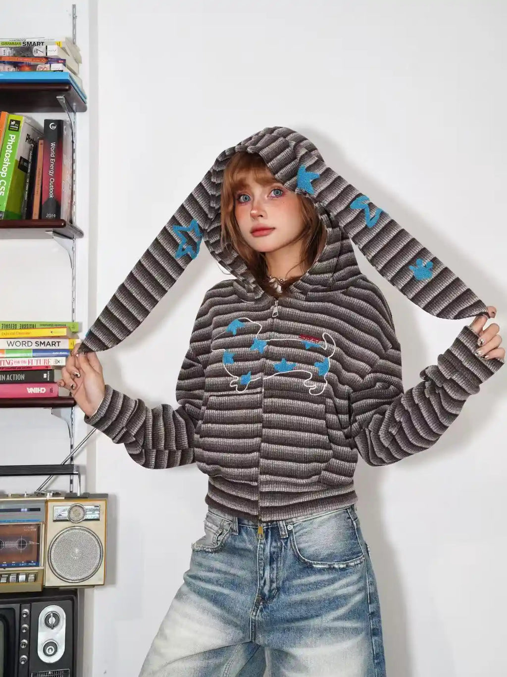 ヴィンテージストライプ うさ耳ショートパーカー