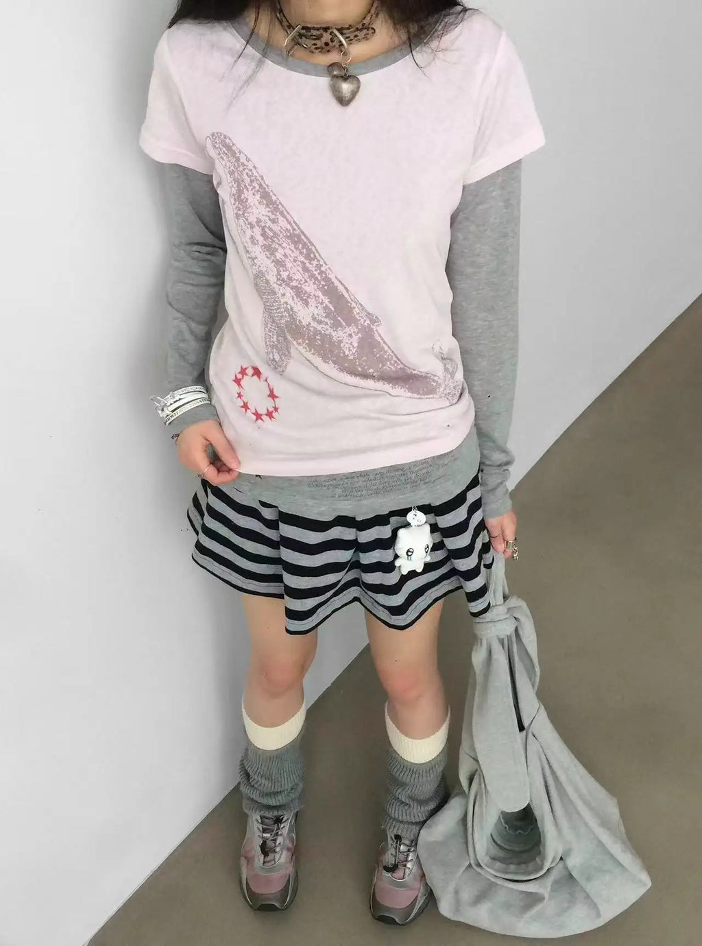 クジラ刺繍 レイヤード風 配色ロングスリーブTシャツ