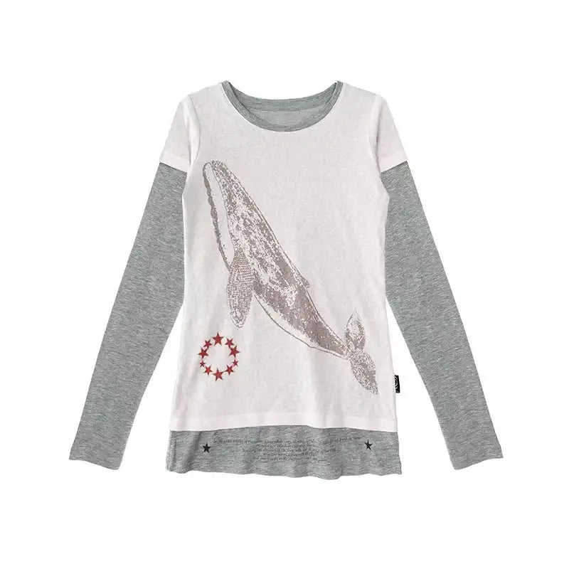 クジラ刺繍 レイヤード風 配色ロングスリーブTシャツ