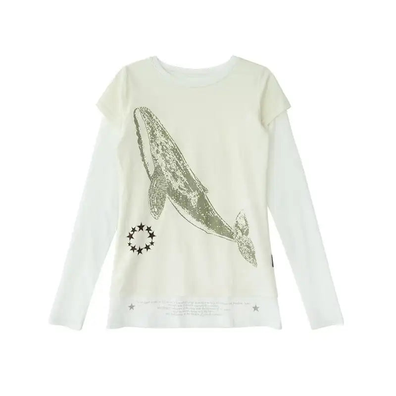 クジラ刺繍 レイヤード風 配色ロングスリーブTシャツ