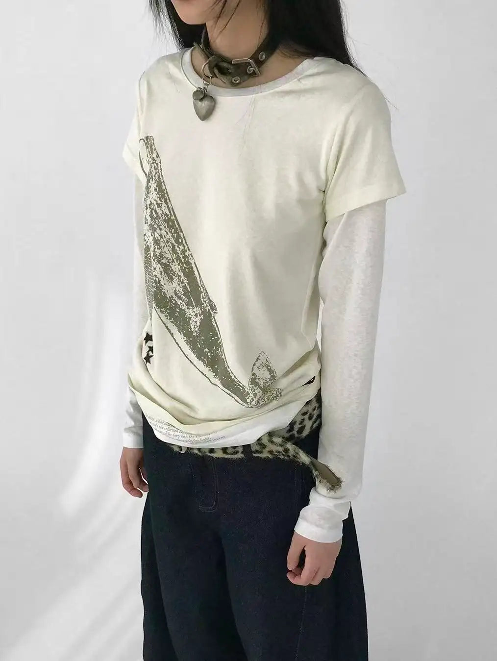 クジラ刺繍 レイヤード風 配色ロングスリーブTシャツ