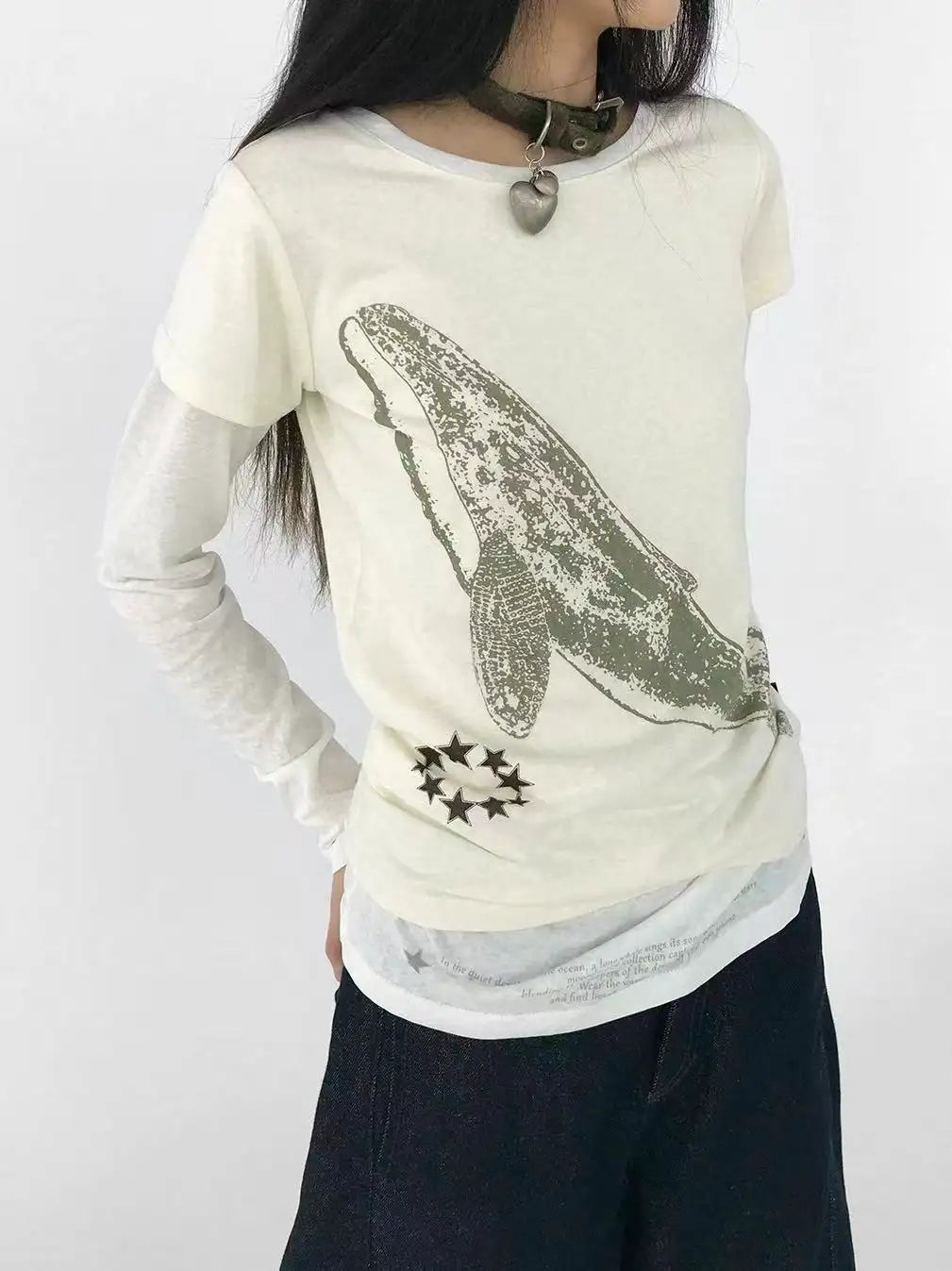 クジラ刺繍 レイヤード風 配色ロングスリーブTシャツ
