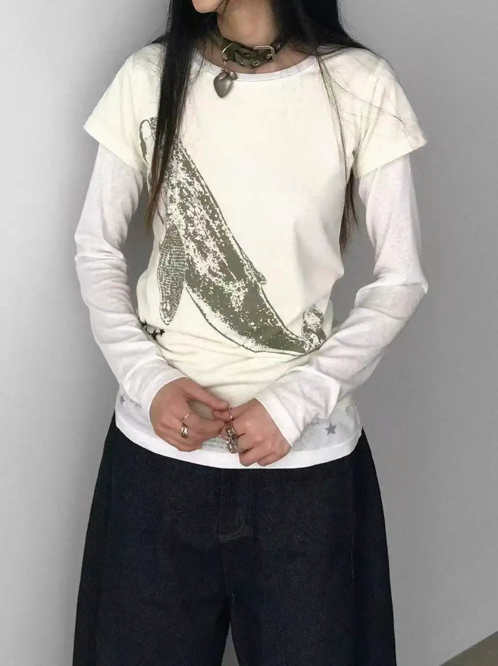 クジラ刺繍 レイヤード風 配色ロングスリーブTシャツ