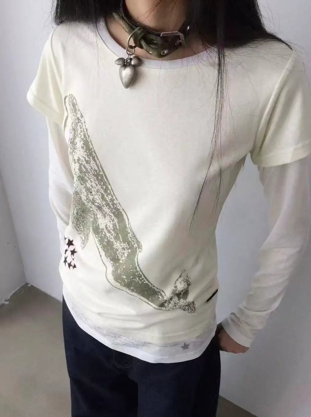 クジラ刺繍 レイヤード風 配色ロングスリーブTシャツ