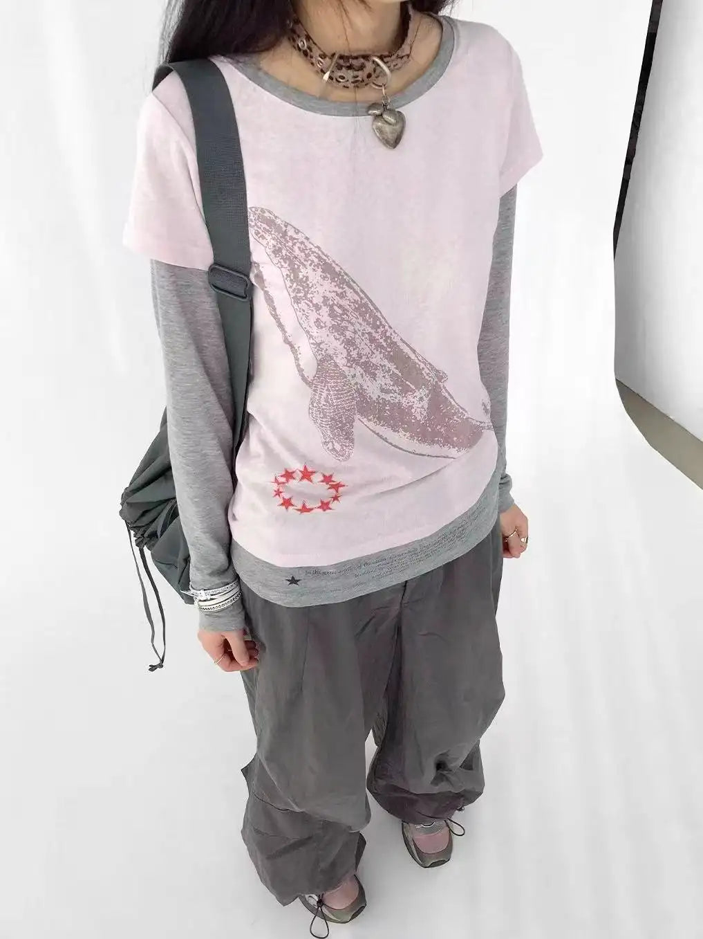 クジラ刺繍 レイヤード風 配色ロングスリーブTシャツ