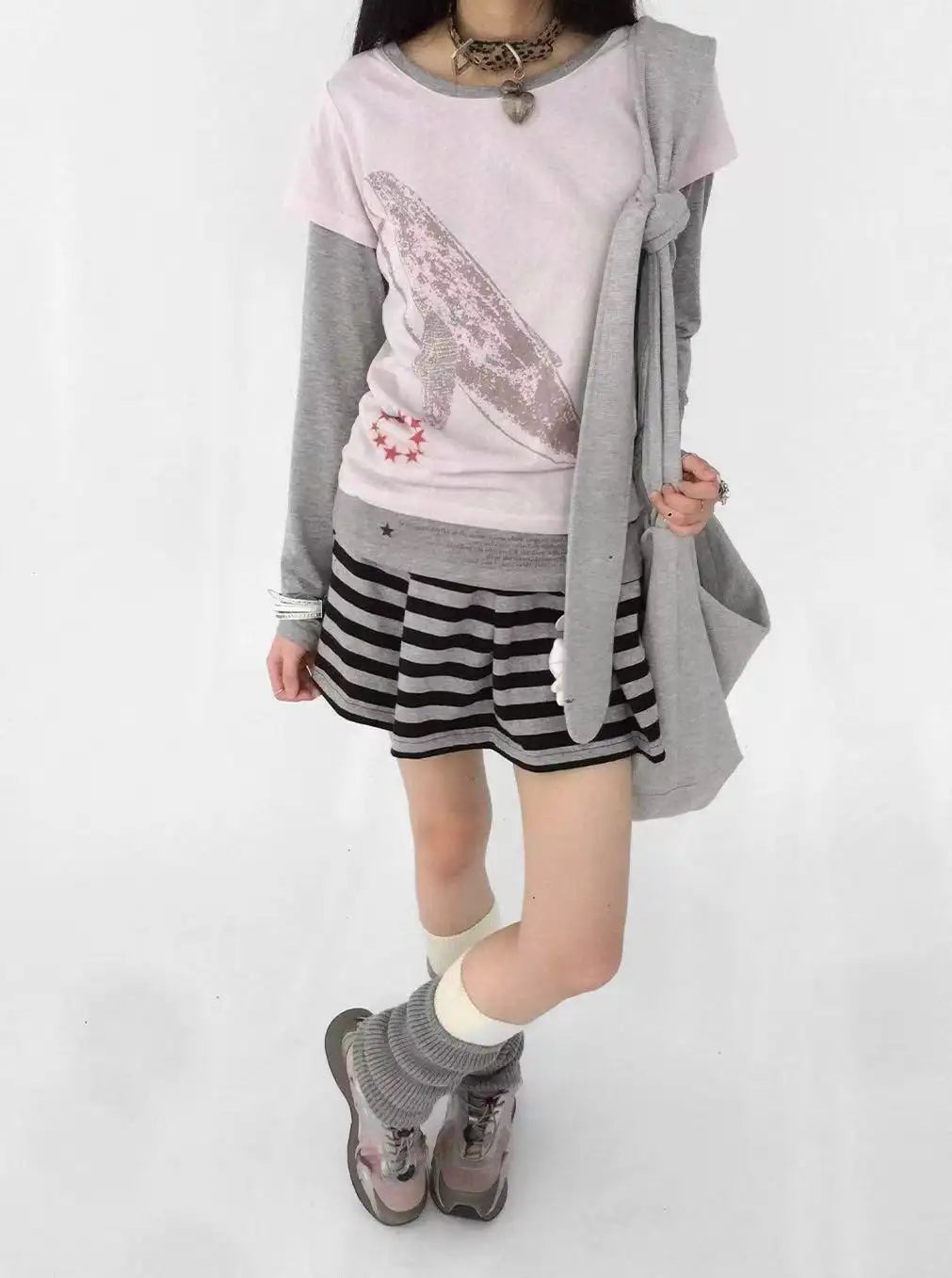 クジラ刺繍 レイヤード風 配色ロングスリーブTシャツ