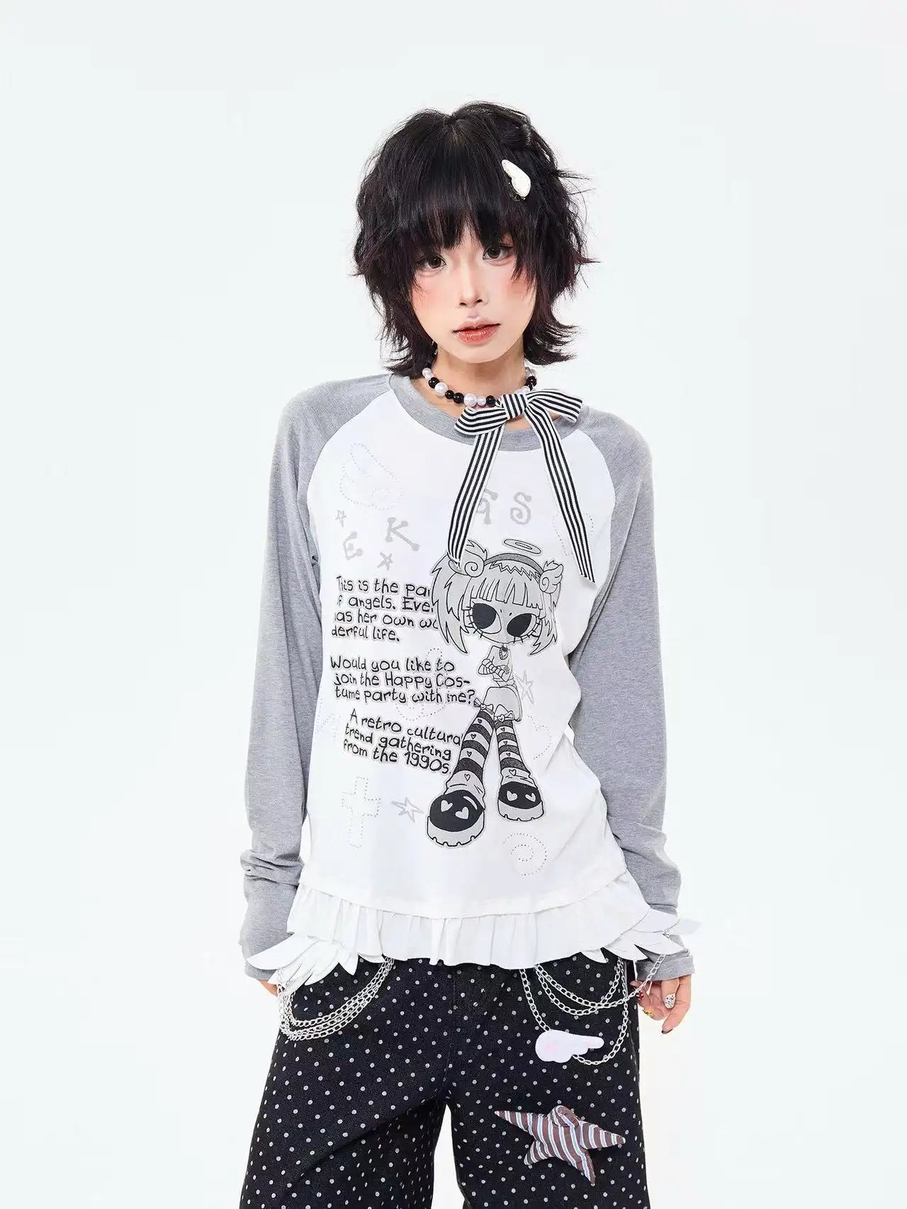 レトロ配色 レース切り替え ゆったり 長袖トップス