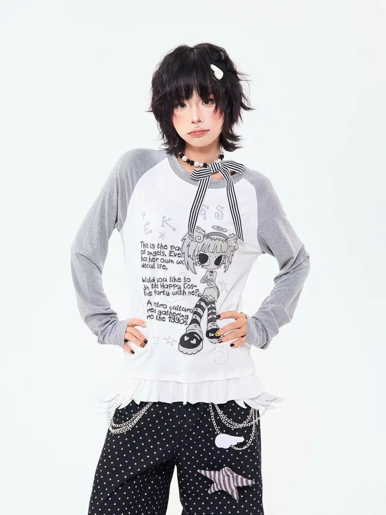 レトロ配色 レース切り替え ゆったり 長袖トップス