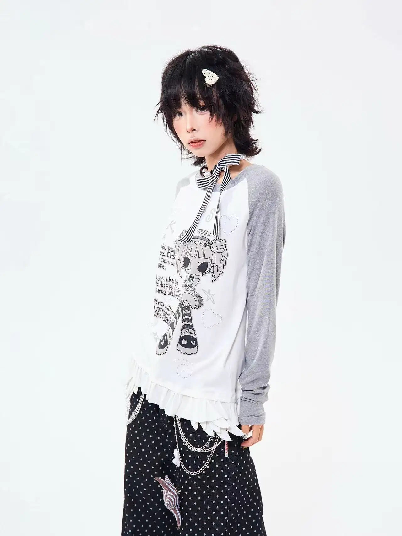 レトロ配色 レース切り替え ゆったり 長袖トップス