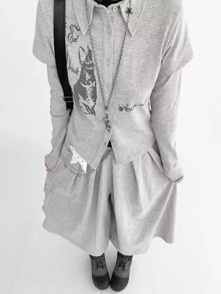 レイヤード風襟 うさぎプリント スリムトップス