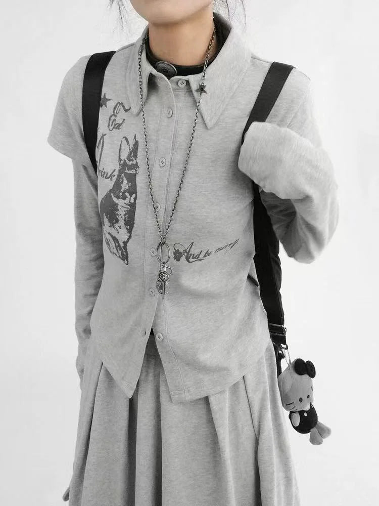 レイヤード風襟 うさぎプリント スリムトップス