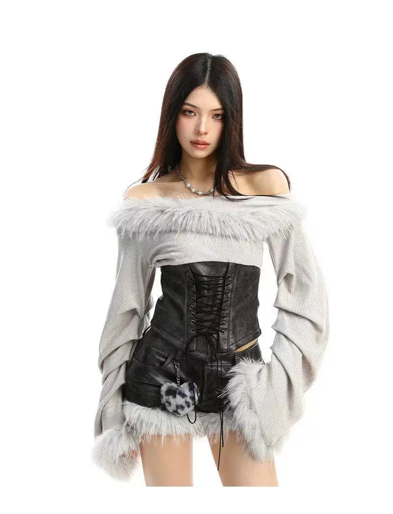 オフショル フェイクレザー レースアップセット