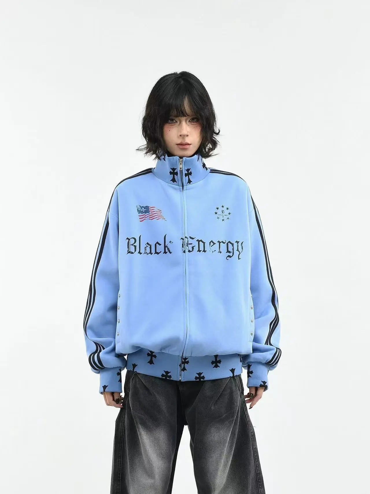 ヴィンテージ風 3ライン スタンドカラー ジップパーカー